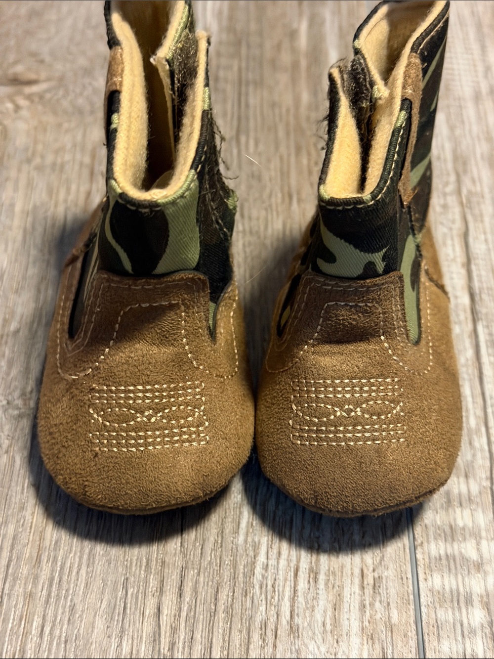 Rising Star infant camo and tan suede soft-sole cowboy booties